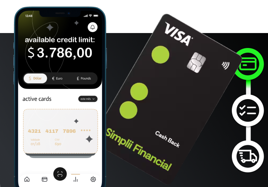 Simplii Financial Cash Back card on a black background with a smartphone