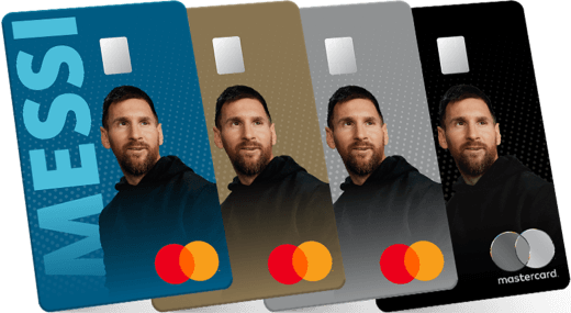 Cuatro iconos superpuestos de la tarjeta de crédito BNA Mastercard Messi en los colores azul, marrón, plateado y negro, respectivamente. La tarjeta presenta una imagen de perfil del jugador Lionel Messi vistiendo una camiseta negra, y la palabra MESSI destacada en un lateral.