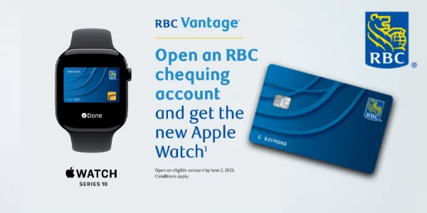 RBC logo on a blue background with the card image on the right and a text that says Open an elegible RBC chequing account and get an Apple Watch